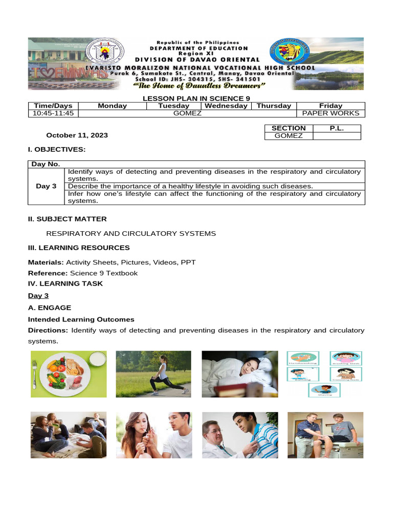 Science 9 Lesson Plan: Health & Systems | PDF | Psychological Concepts ...