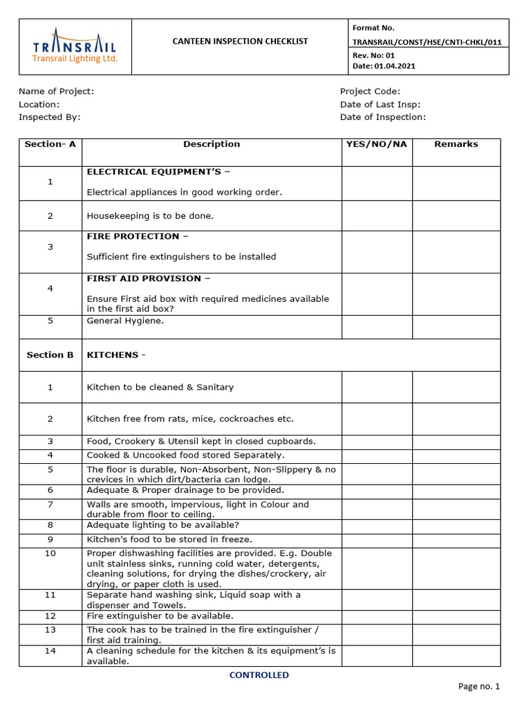 Canteen Inspection Checklist Template | PDF | Kitchen | Home