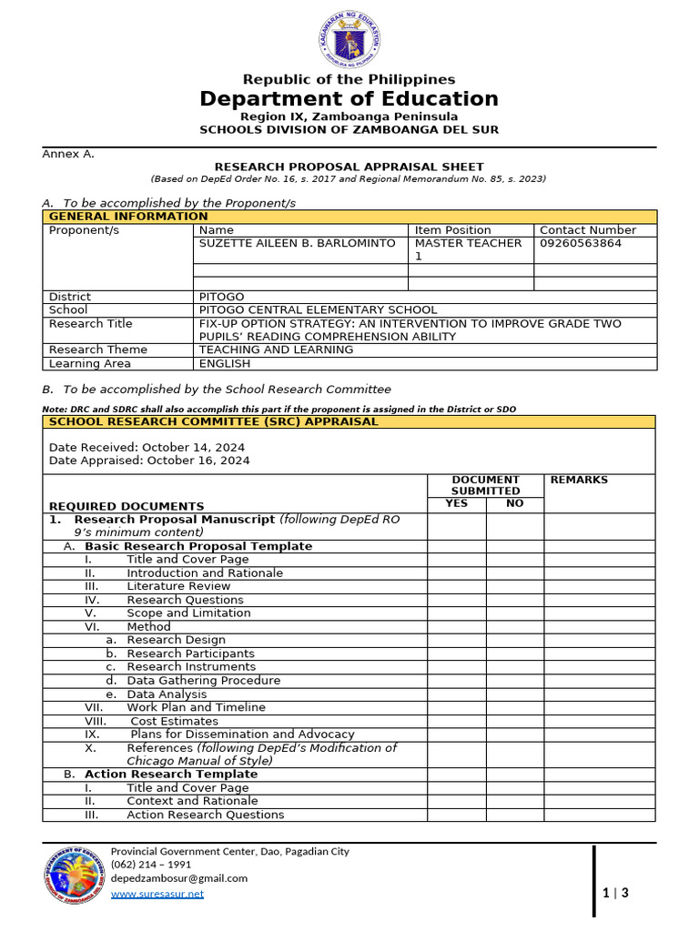 Research Proposal Appraisal Sheet | PDF