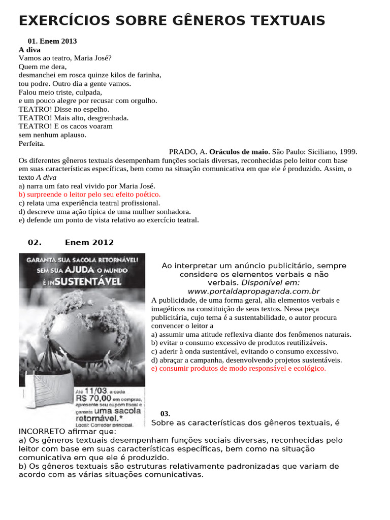 Exercícios sobre Gêneros Textuais | PDF