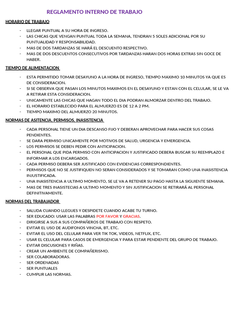 Reglamento Interno de Trabajo | PDF