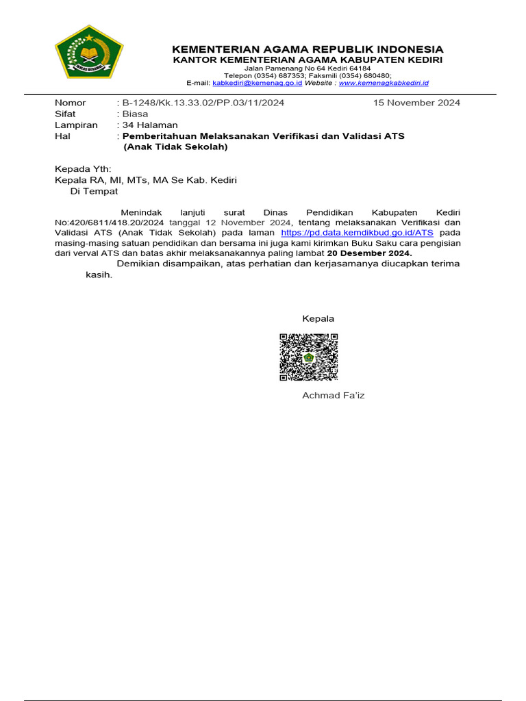 Verval ATS untuk Sekolah Kediri | PDF