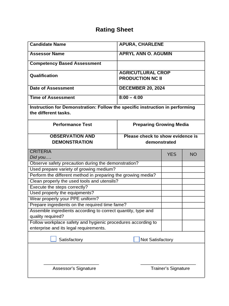 RATING SHEET | PDF | Personal Protective Equipment | Safety