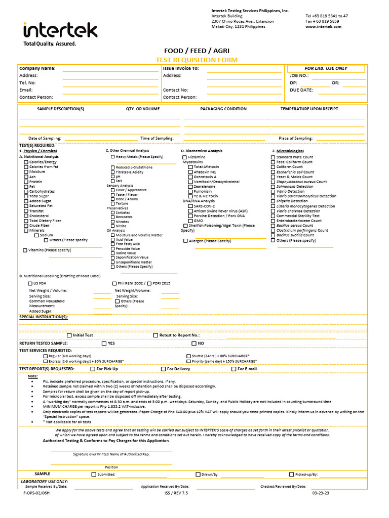 Intertek Philippines Test Requisition Form | PDF