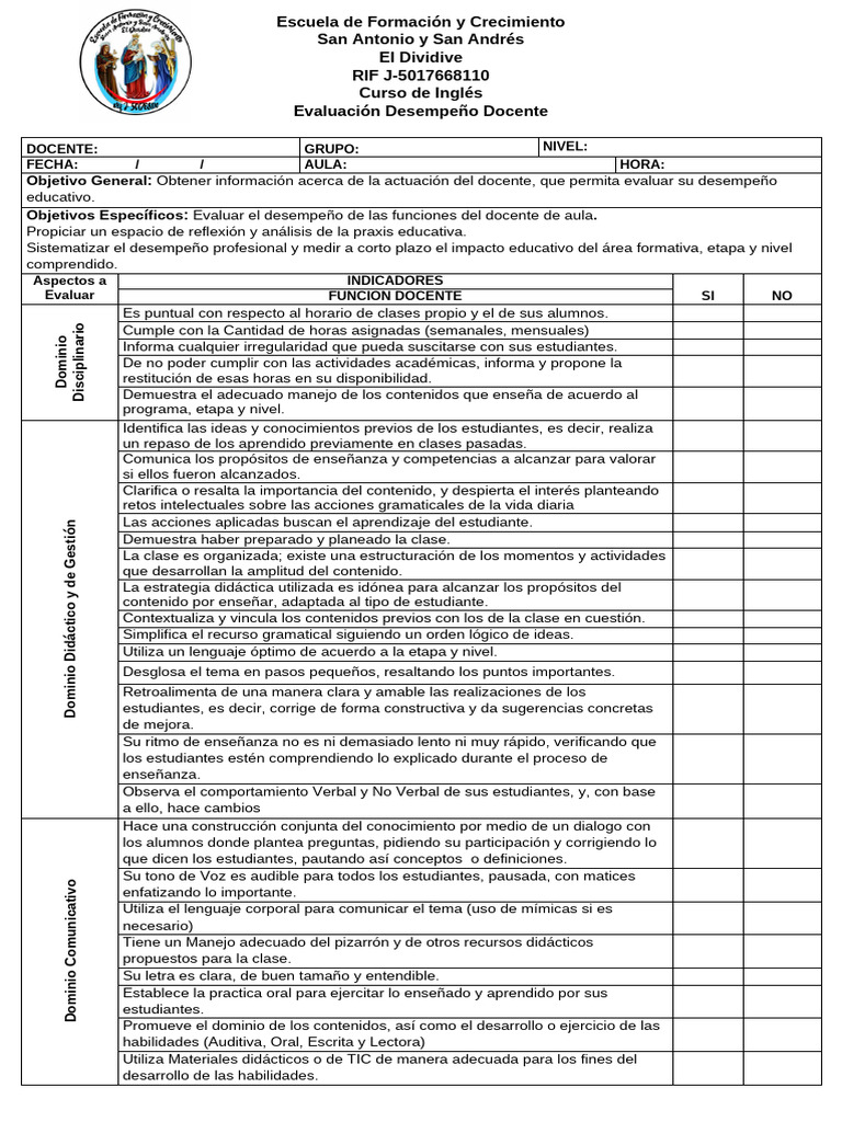 Evaluación del Desempeño Docente en Inglés | PDF | Evaluación | Maestros