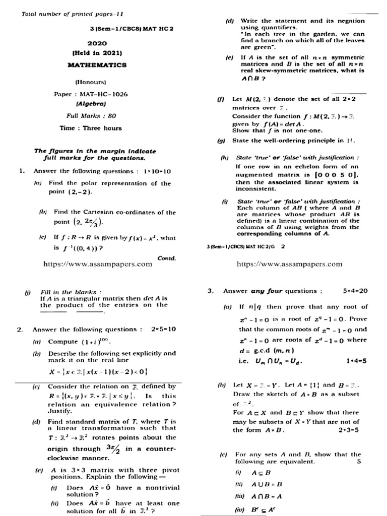 BSC 1 Sem Hons Mathematics Algebra Mat HC 1026 2021 | PDF