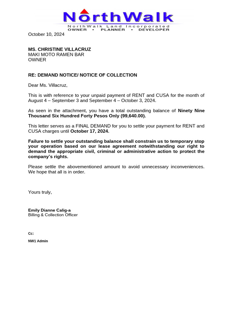 Final Demand for Rent Payment Notice | PDF