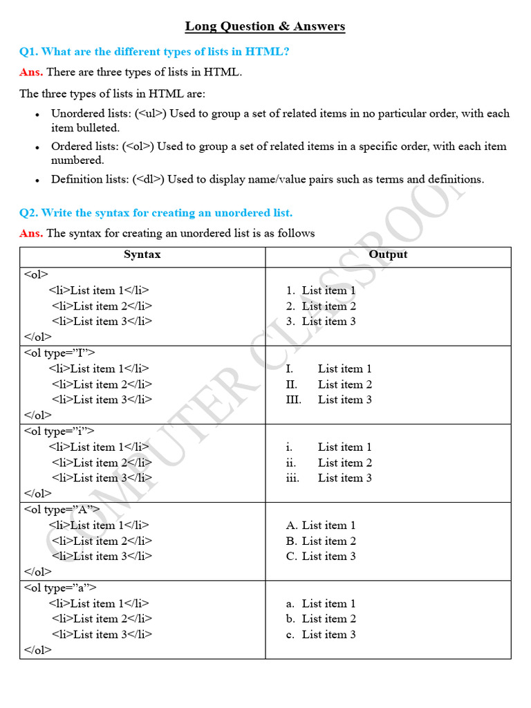ICSE - VII - Ch7 - Long Answers | PDF | Html Element | Html