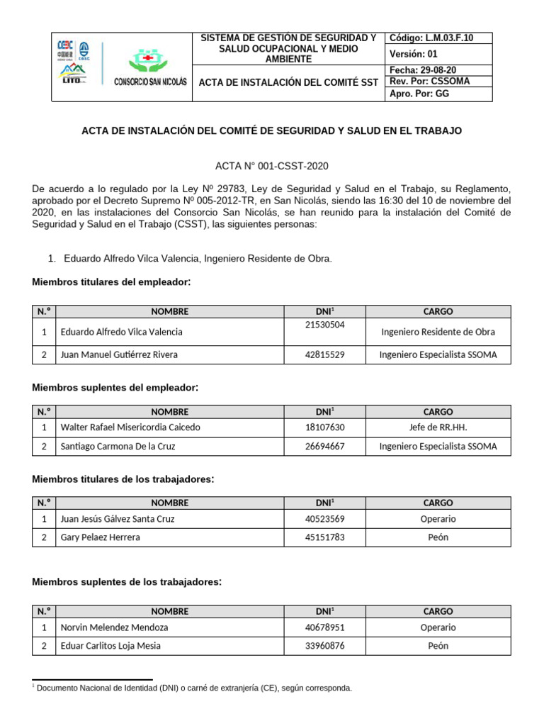 L.M.03.F.10 Acta de Instalación Del CSST o Sub CSST | PDF | Gobierno