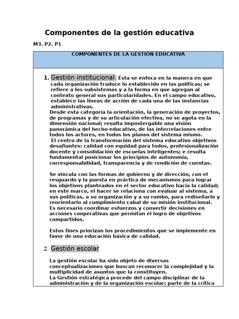 Componentes Clave de la Gestión Educativa | PDF | Enseñando | Evaluación