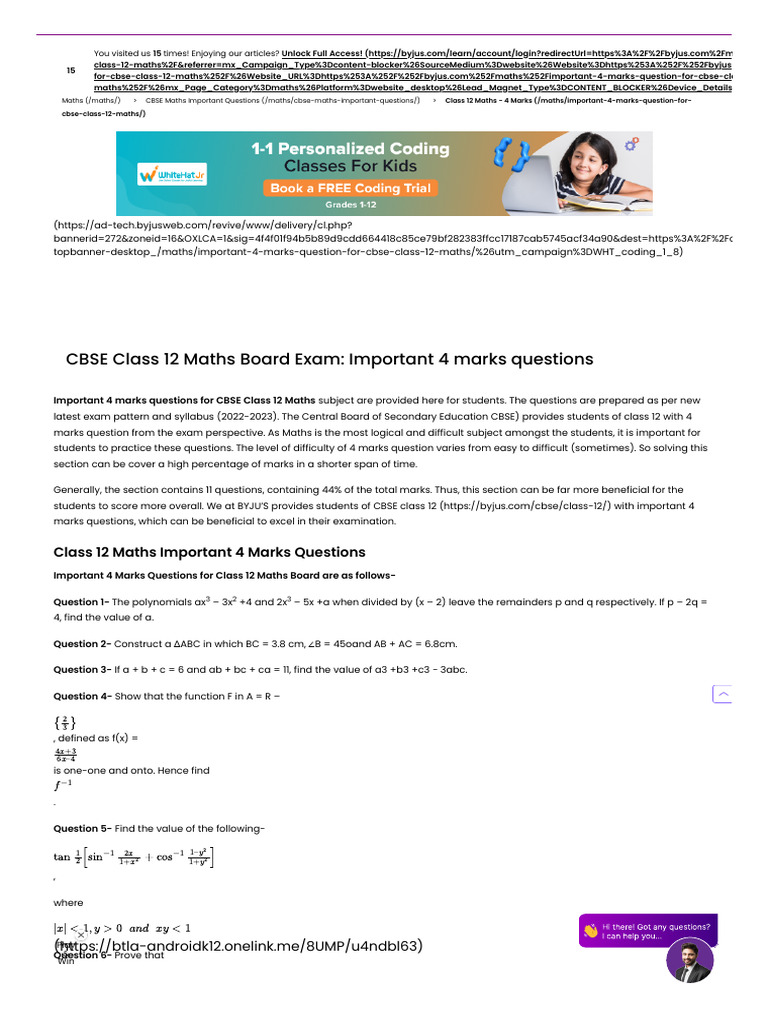 Important 4 Marks Question For CBSE Class 12 Maths | PDF ...