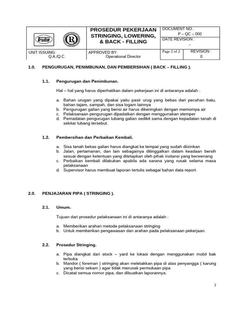 Prosedur Stringing dan Back-Filling Pipa | PDF