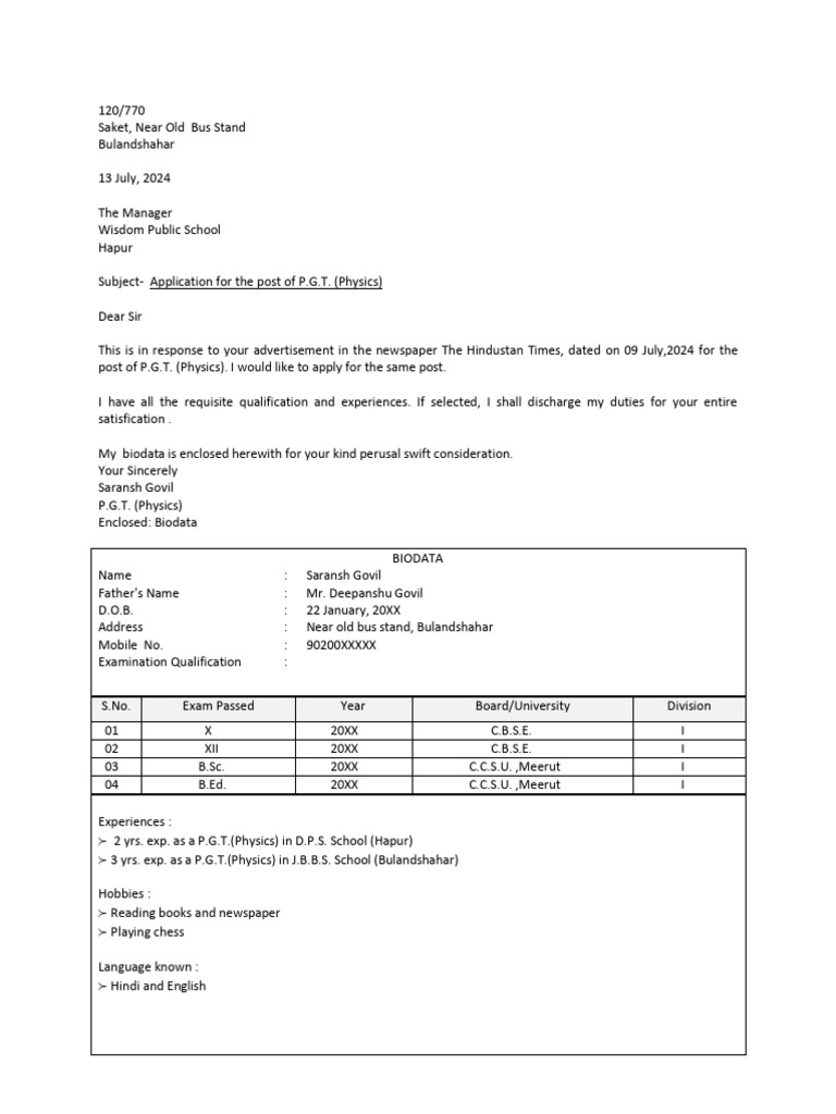 Application for P.G.T. Physics Position | PDF