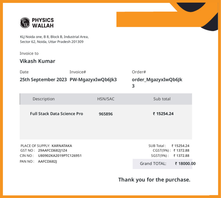 Invoice for Full Stack Data Science Pro | PDF