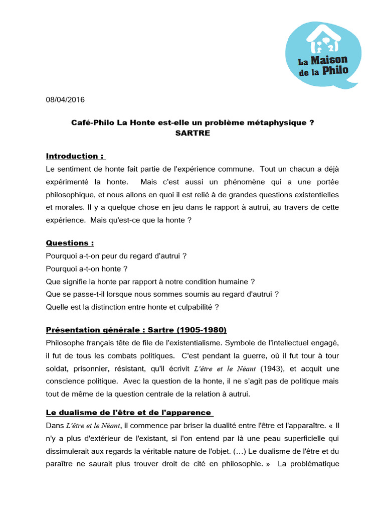 La Honte : Un Problème Métaphysique ? | PDF | Honte | Existentialisme