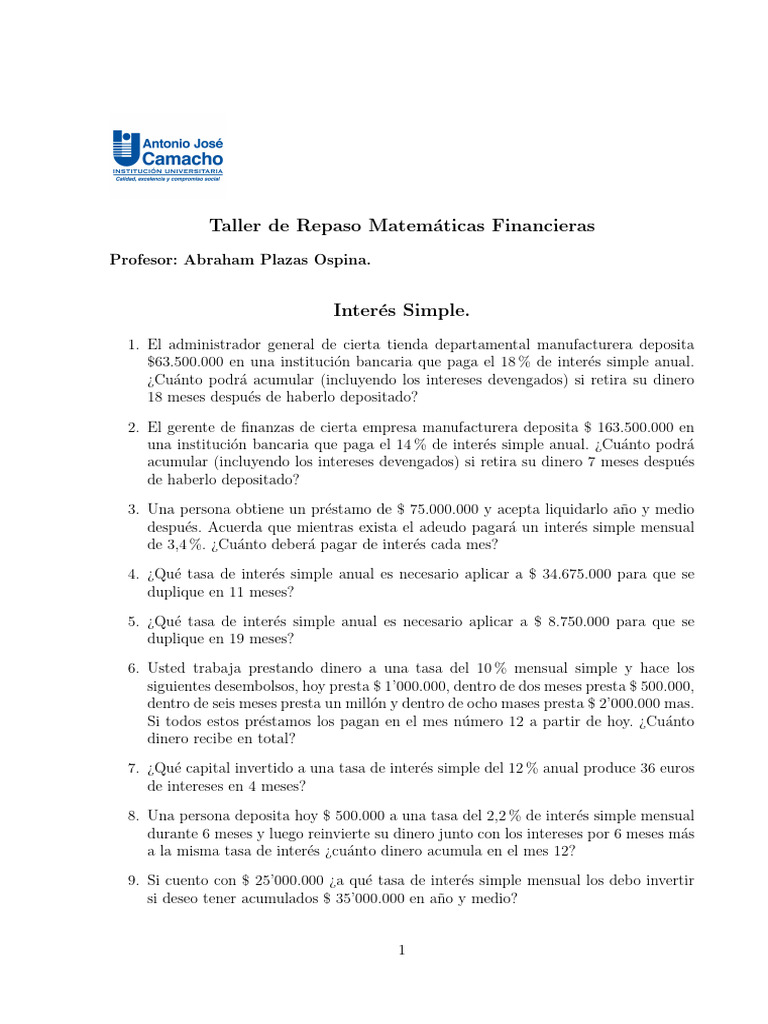 Taller Matemáticas Financieras | PDF | Interés | Tasas de interés