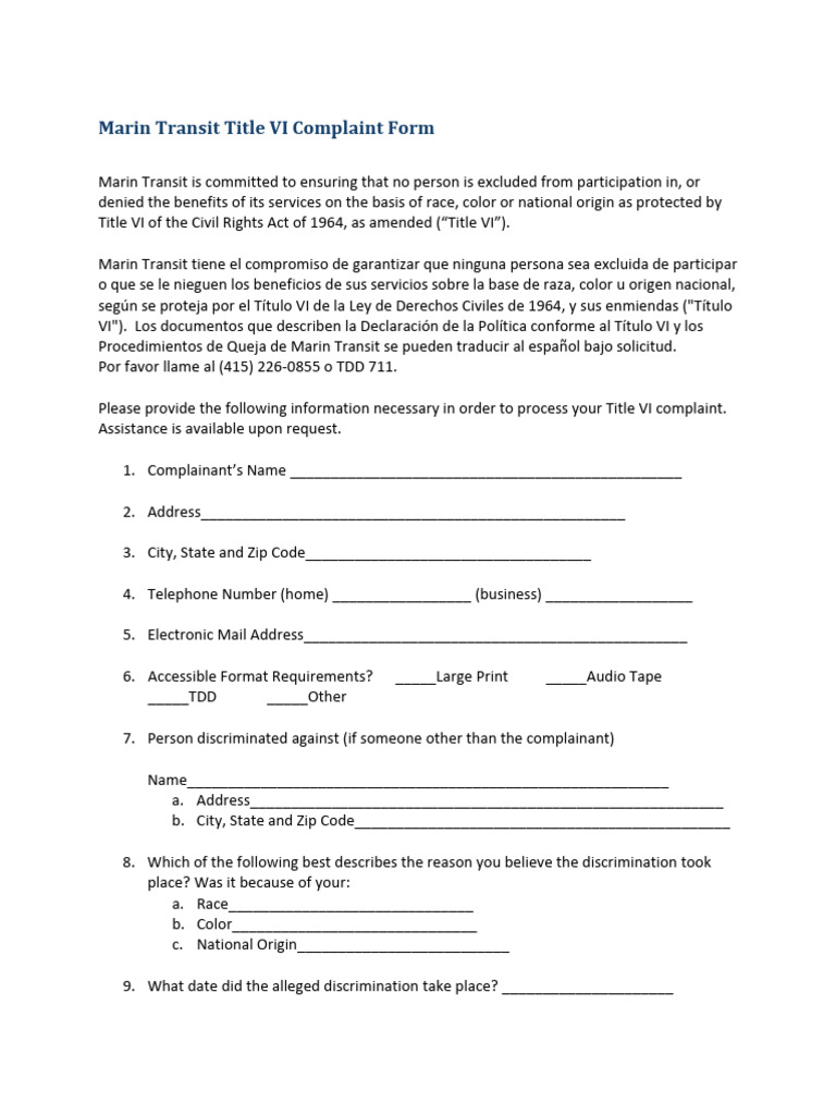 Marin Transit Title VI Complaint Form | PDF | Complaint | Justice