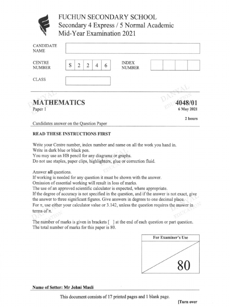 Sec 4 Express Math Exam Papers 2021 | PDF | Area | Mathematics