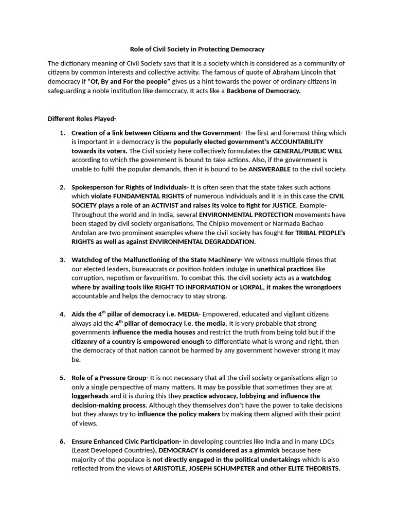 Role of Civil Society in Protecting Democracy | PDF | Democracy ...