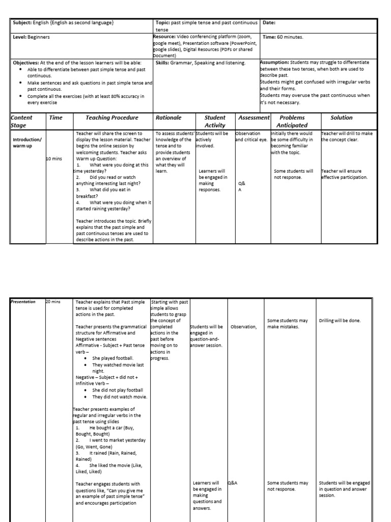 Lesson Plan Tenses 1 | PDF | Question | Verb