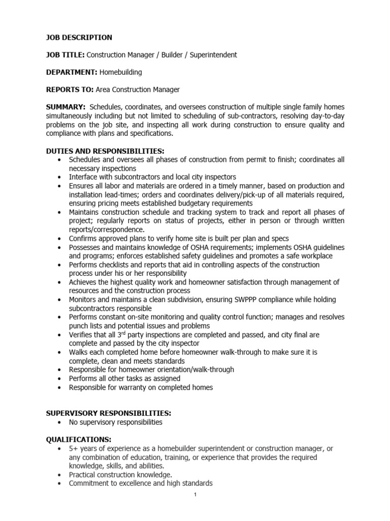 Construction Manager Job Description | PDF | Skill | Occupational ...