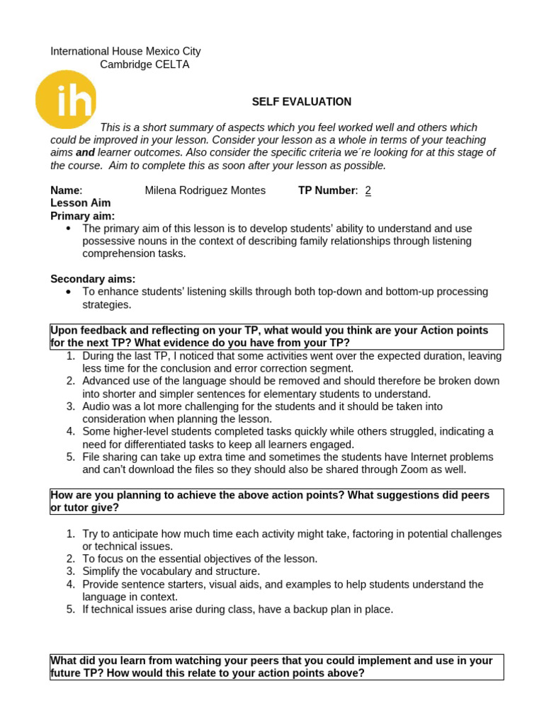 CELTA Self-Evaluation: Lesson Insights | PDF | Learning | Cognitive Science