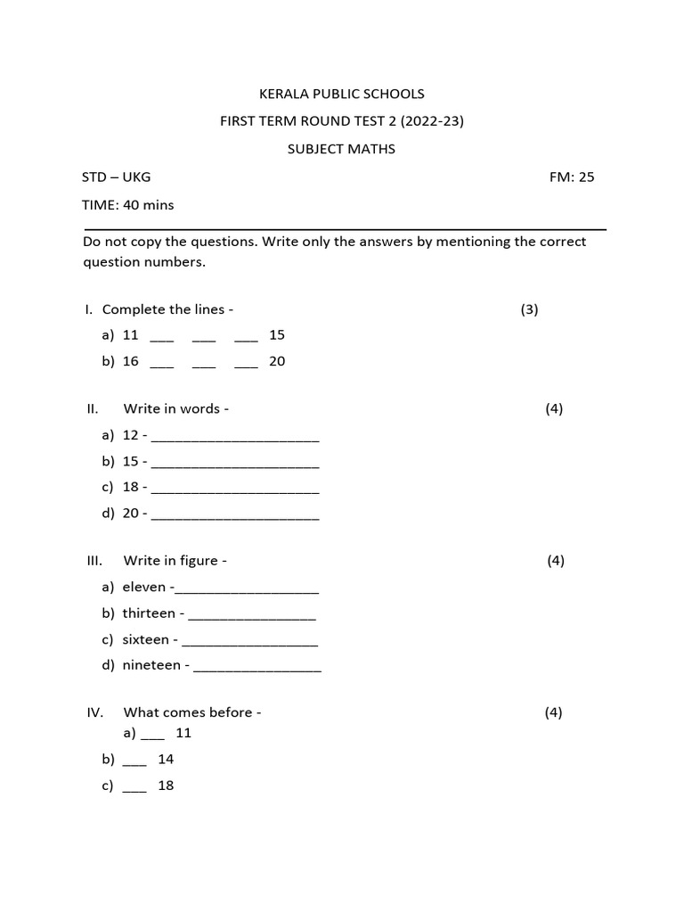 Class 1 Maths Test Paper 2022-23 | PDF