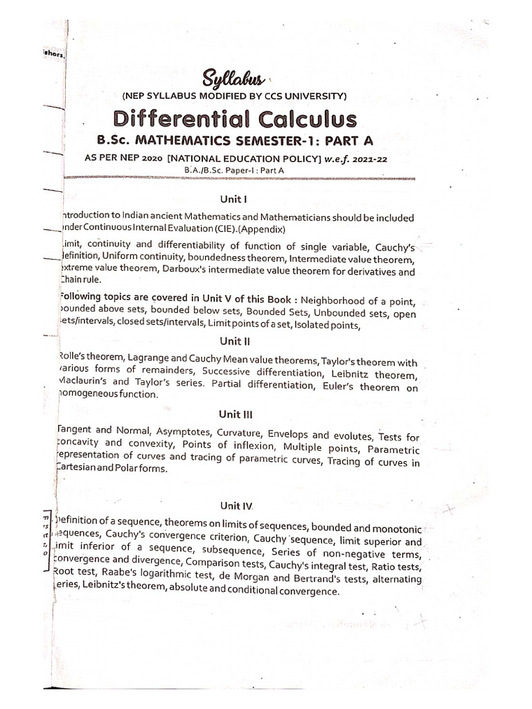 B.Sc. Maths 1st Semester Syllabus | PDF | Integral | Limit (Mathematics)