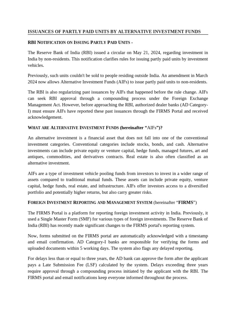 Issuances of partly paid units by alternative investment funds pdf
