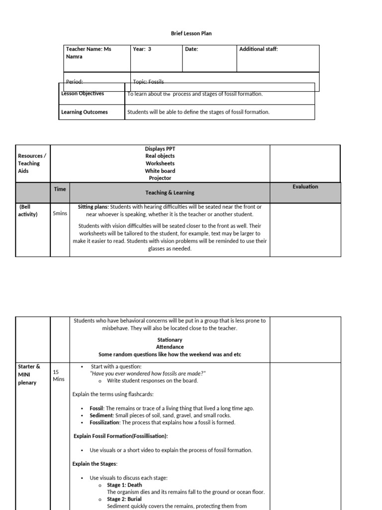 Lesson Plan-1 - Fossils Formation | PDF | Fossil | Clay
