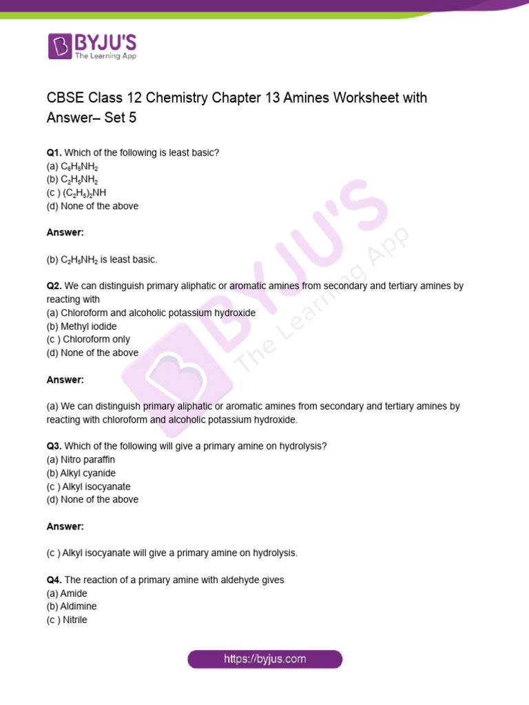 Class 12 Amines Worksheet Answers | PDF | Amine | Organic Chemistry