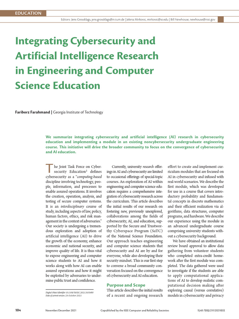 Integrating Cybersecurity and Artificial Intelligence Research in ...