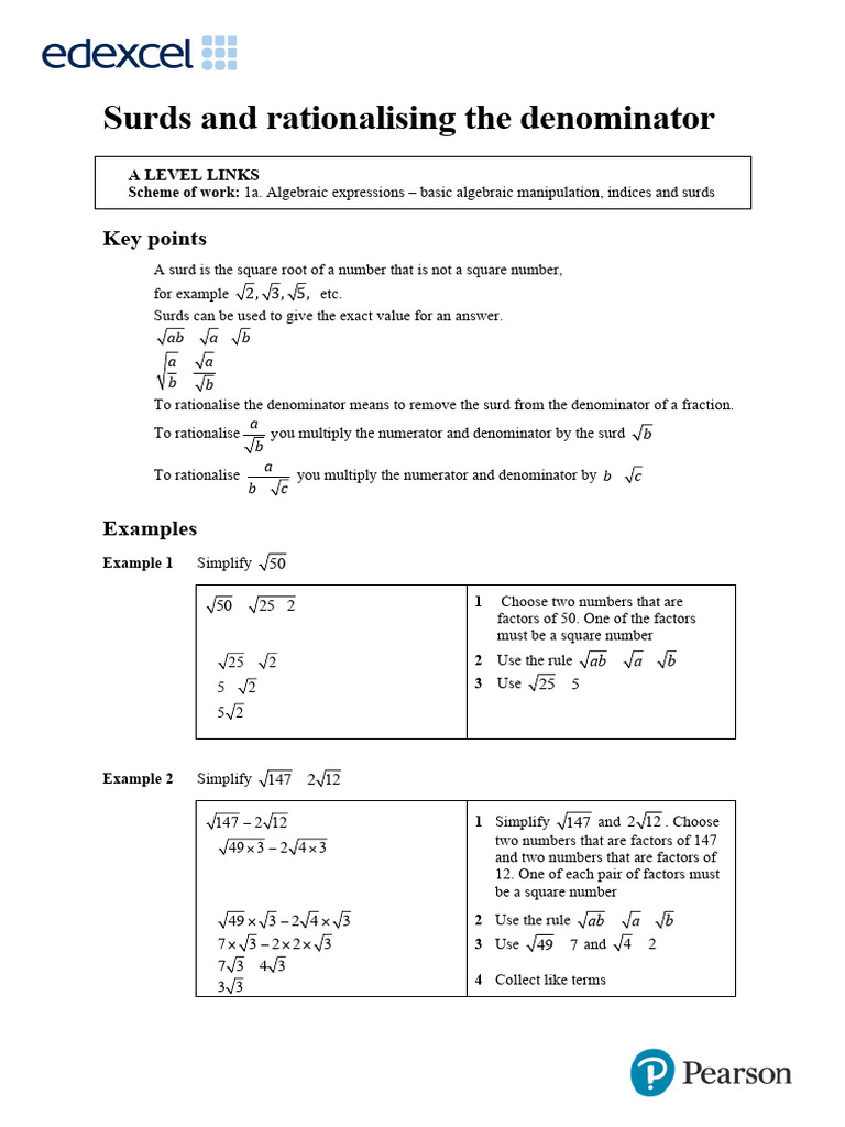 Surds and Denominator Rationalization | PDF | Algebra | Division ...