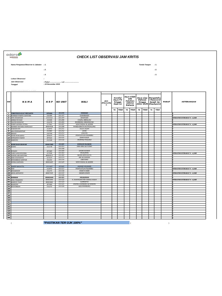 Checklist Observasi Operator Jam Kritikal | PDF