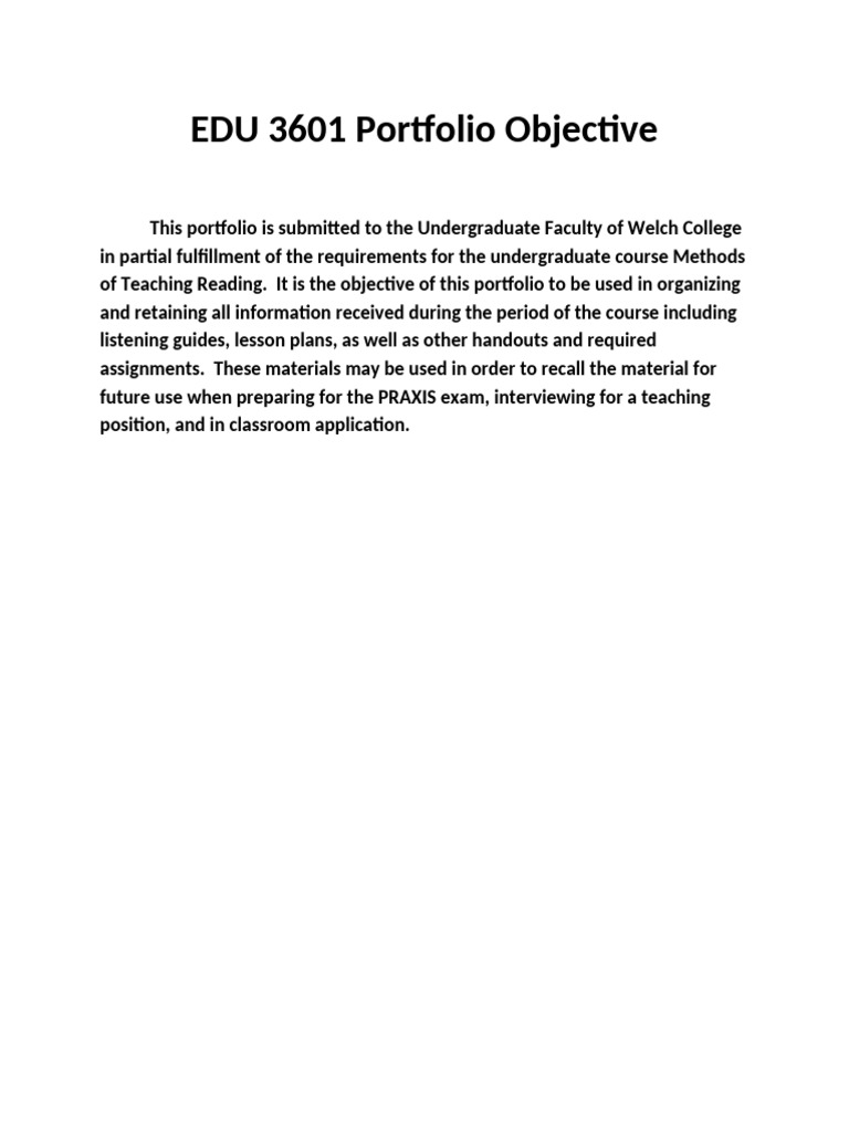 EDU 3601 Portfolio Objective Summary | PDF