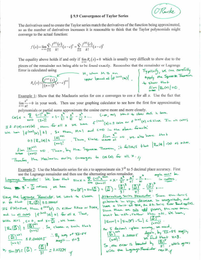 9.9 Notes - Convergence of Taylor Series | PDF