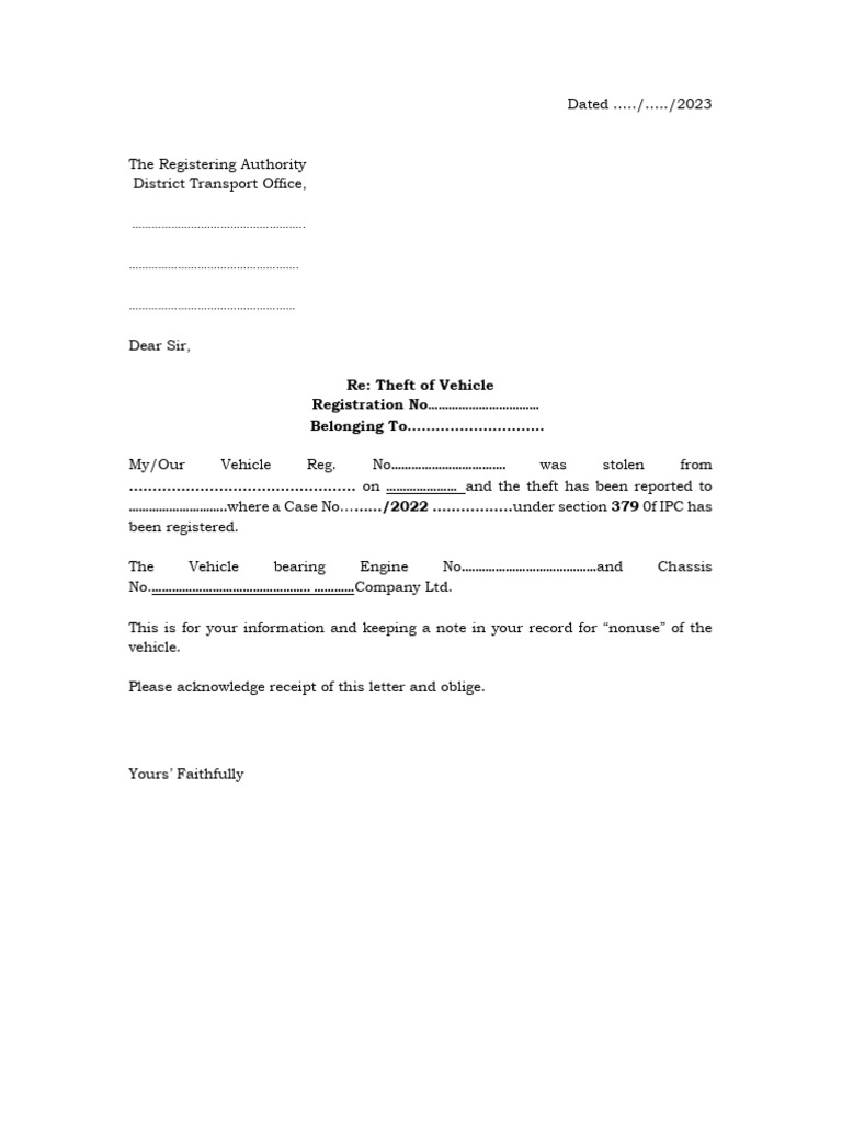Vehicle Theft Intimation to RTO | PDF