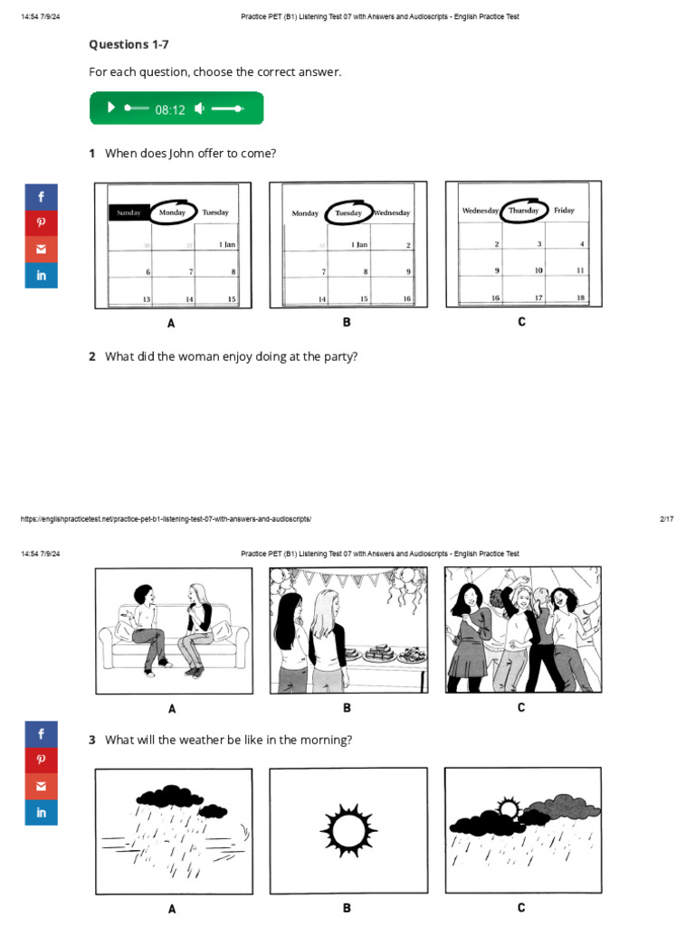 PET B1 Listening Test 07 Answers | PDF