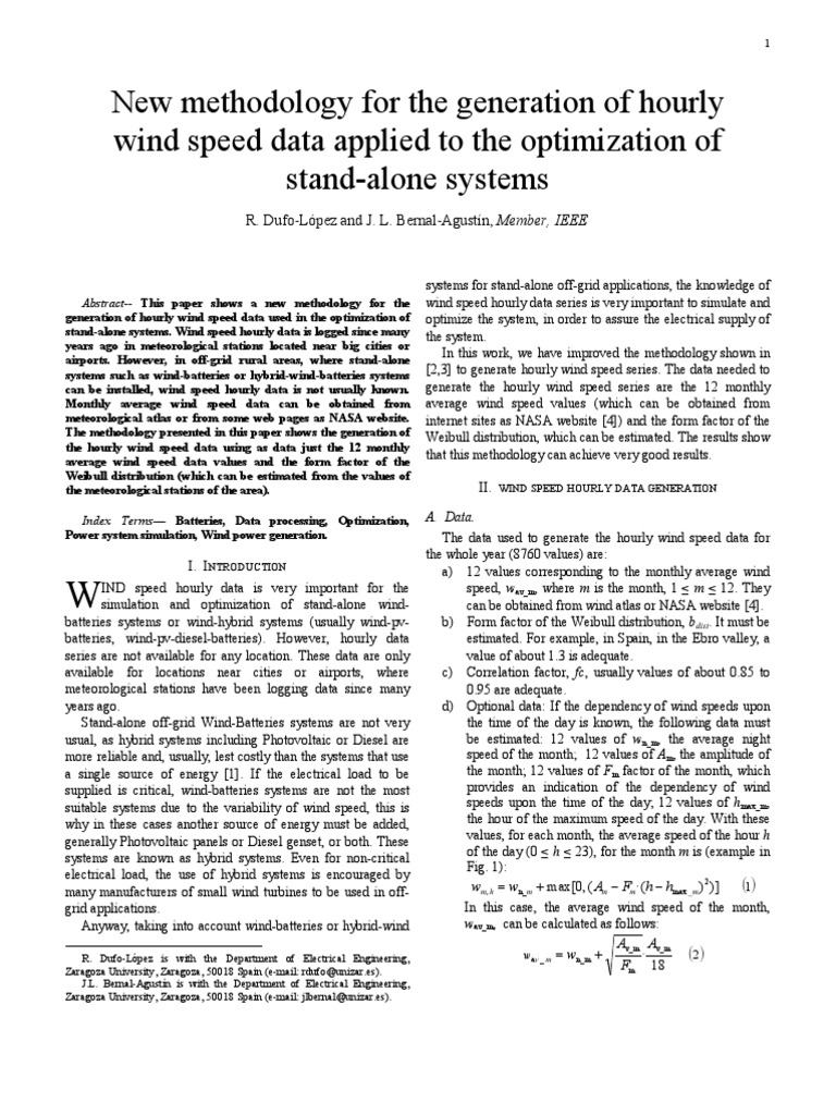 New Methodology For The Generation of Hourly Wind Speed Data Applied To ...