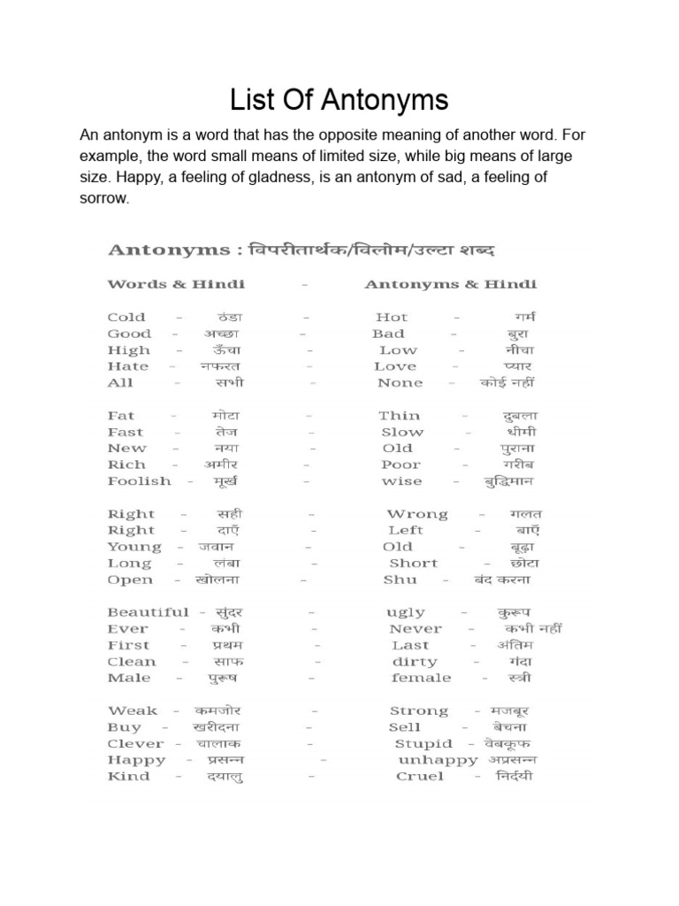 Comprehensive List of Antonyms | PDF