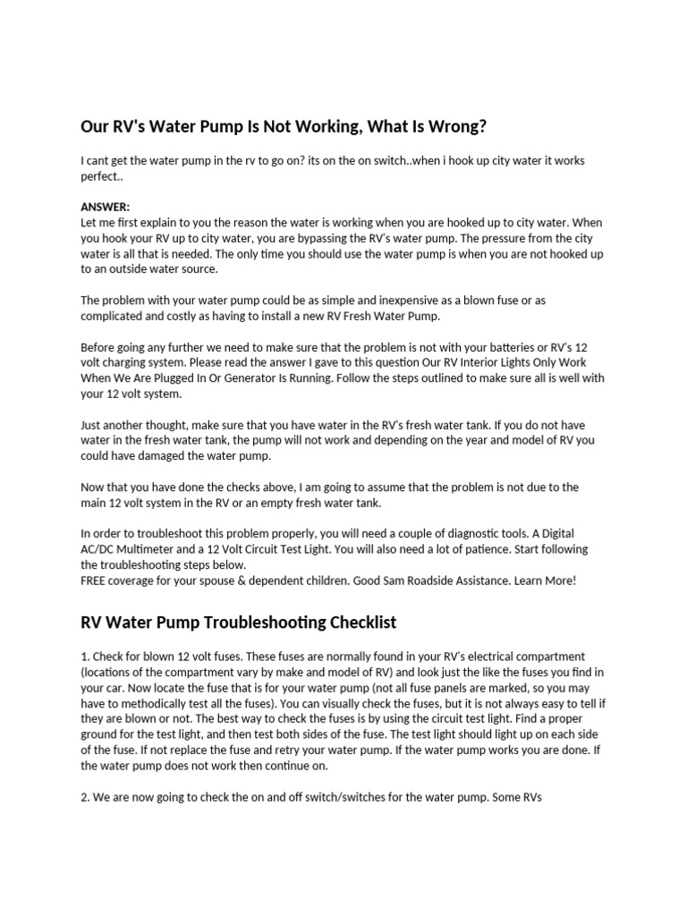 RV Water Pump Troubleshooting Guide | PDF | Fuse (Electrical ...