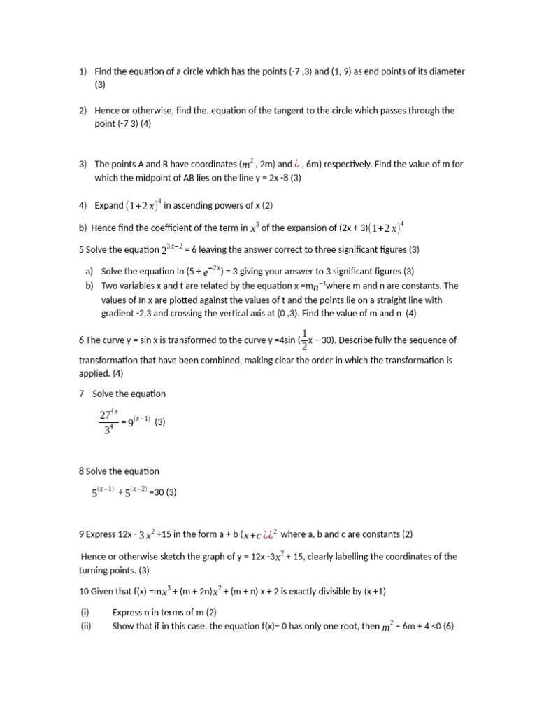 A Level Maths Problem Set | PDF | Equations | Circle