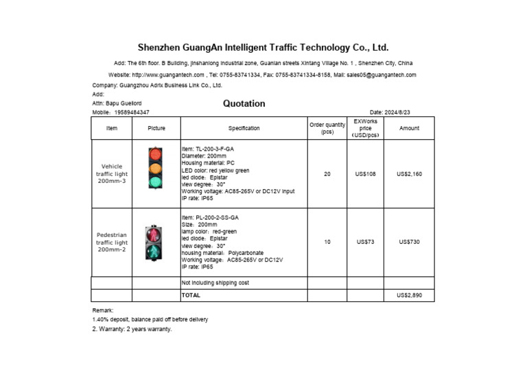 Traffic Light Quotation from GuangAn Tech | PDF | Electrical ...
