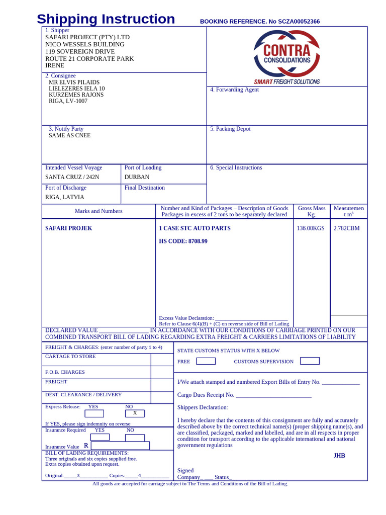 Blank Contra SI template PDF Cargo Bill Of Lading