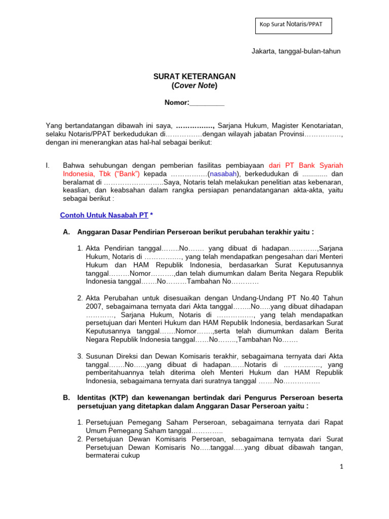 Contoh Cover Note Notaris untuk Bank | PDF
