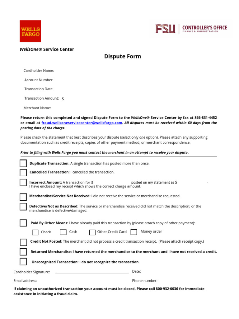 WellsOne® Dispute Form Instructions | PDF
