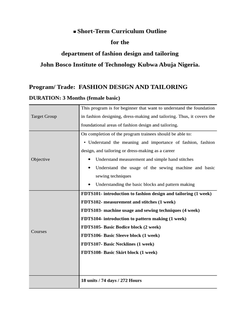 Fashion Design Curriculum Overview | PDF