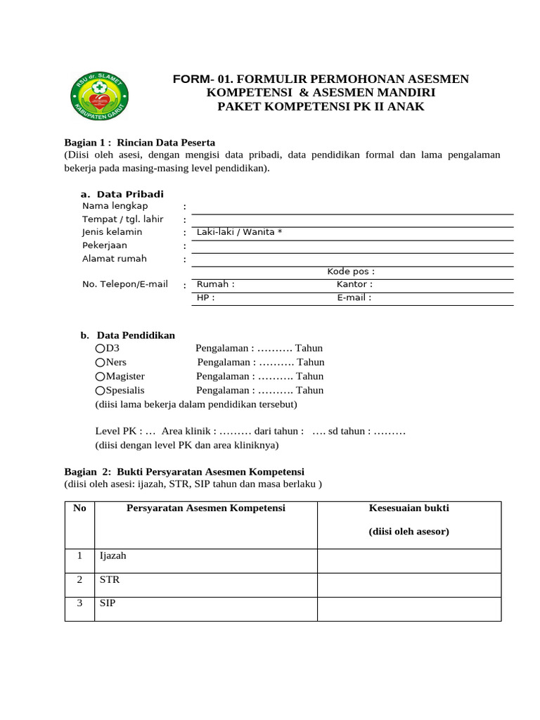 01 Form Permohonan Asesmen Dan Asesmen Mandiri Pdf