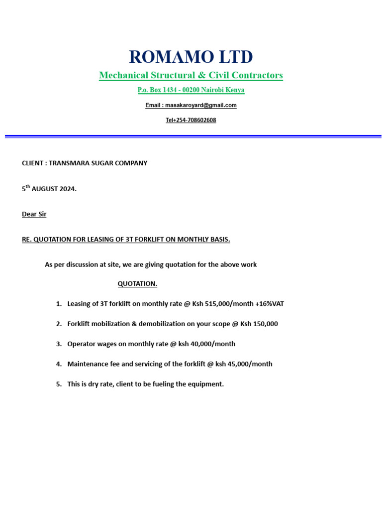 Forklift Leasing Quotation for Transmara | PDF