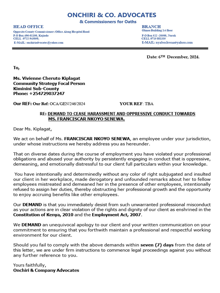 Demand to Cease Workplace Misconduct | PDF | Human Rights | Justice
